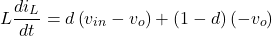 \[L\frac{d{i}_{L}}{dt} = d\left({v}_{in}- {v}_{o}\right) + \left(1- d\right)\left(- {v}_{o}\right) \]